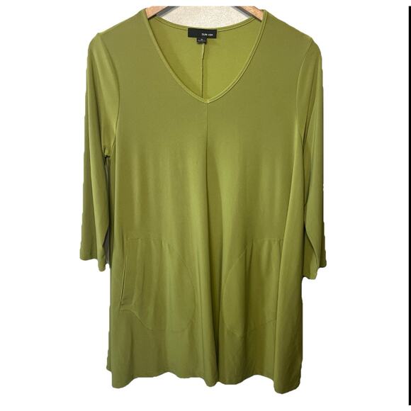Sun Kim Tunic Chartreuse Green V Neck Pocket Knit Lagenlook Comfy Casual S - Picture 1 of 5